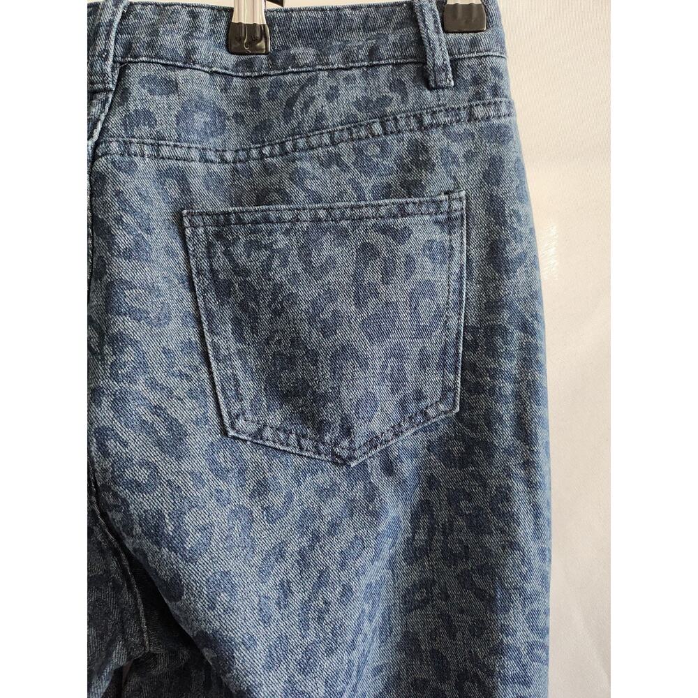 Leopard Print Patterned Blue Denim Y2K Bold High-Waisted Wide Leg Jeans L - Picture 6 of 11